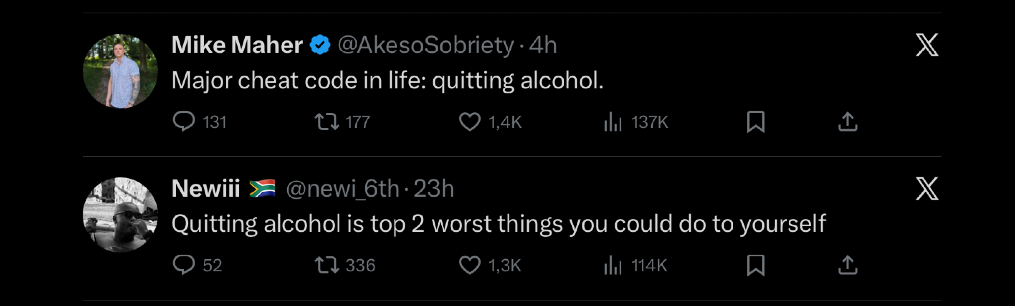 Auto-generated description: A tweet by Mike Maher suggests quitting alcohol as a major life cheat code, while another tweet by Newiii claims quitting alcohol is one of the worst things you could do.